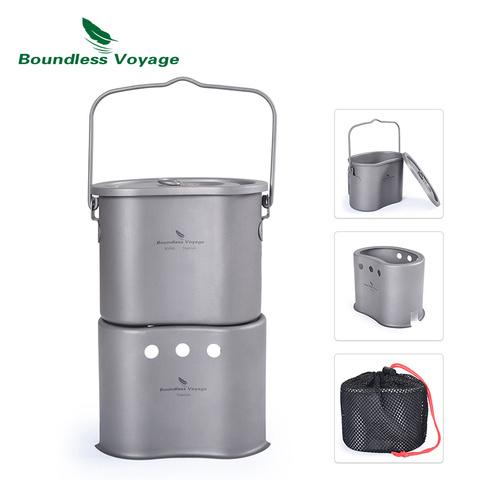 Boundless Voyage Camping Titanium Pot Wood Stove Set with Folding Handle Hanging Ring Outdoor 2 in 1 Canteen Cup Oven Set ► Photo 1/6