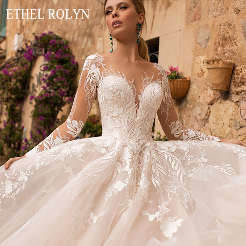 ETHEL ROLYN Romantic A-Line Wedding Dresses Long Sleeve Button Illusion Appliques Vestido De Noiva Robe De Mariee Bride Dress ► Photo 1/5