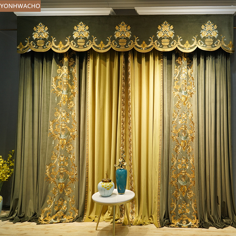 Custom curtain luxury Villa duplex green velvet embroidered living room thick  cloth blackout curtain valance tulle C406 ► Photo 1/6