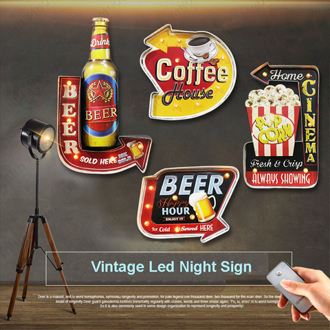 Ice Cold Beer LED Neon Light Signs Vintage Metal Signs Bar Cafe Cinema Popcorn Advertisement Sign Night Sign Remote Control N386 ► Photo 1/6