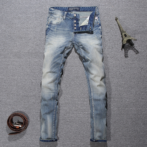 Buy Online Italian Style Fashion Men Jeans Light Blue White Wash Ripped Jeans Men Buttons Pants Slim Fit Elastic Classical Designer Jeans Alitools