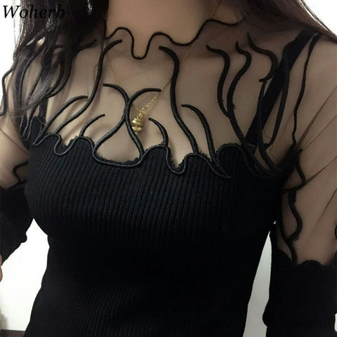 Woherb Black Sweater Women Half Turtleneck Long Sleeve Pullovers Lace Patchwork See Through Slim Knit Tops Korean Fashion 90961 ► Photo 1/6