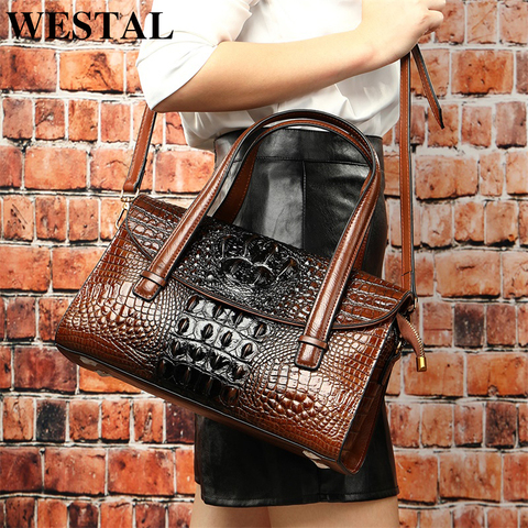 WESTAL handbags women's genuine leather alligator design women's leather handbags messenger/shoulder bags big handle-top bag ► Photo 1/1