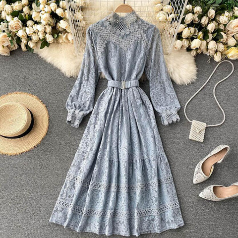 Elegant Stand Collar Women Lace Dress Sweet Hollow Out Slim Long Sleeve Midi Long Dress 2022 Spring High waist Party Vestidos ► Photo 1/6