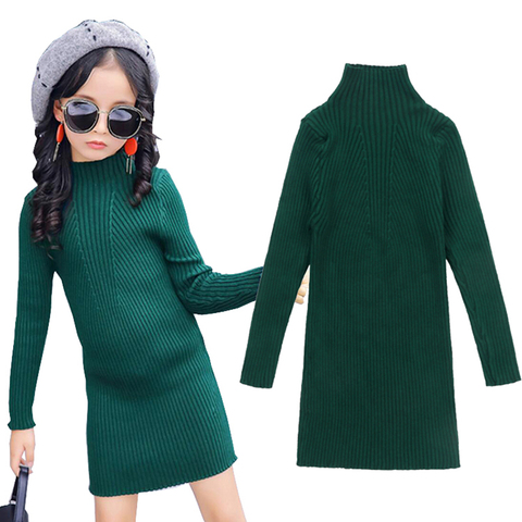 Kids Little Girls Children Winter Warm Green Yellow School Long Turtleneck Knitted Sweater Dress For Teens Girls Princess Dress ► Photo 1/6