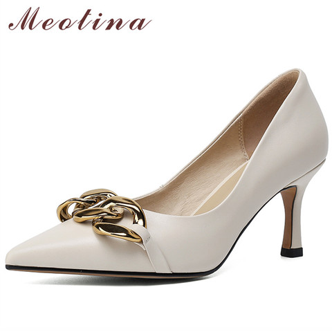 Meotina Genuine Leather High Heels Stiletto Heel Women Shoes Metal Decoration Pointed Toe Pumps Office Ladies Footwear Beige 40 ► Photo 1/6