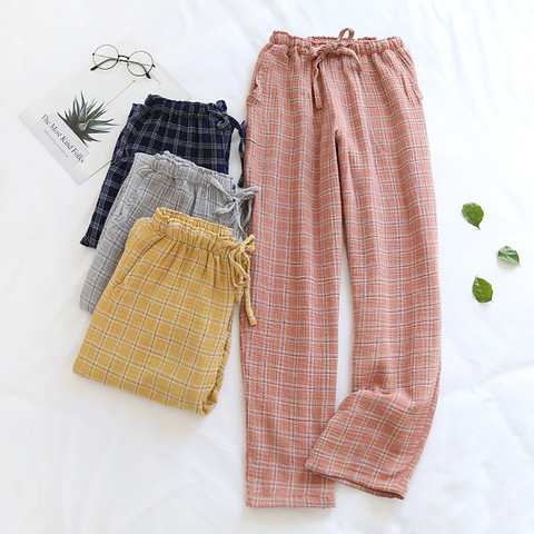 Japanese new spring and autumn couples cotton crepe cloth plaid trousers men and women large size home pants simple casual pants ► Photo 1/6