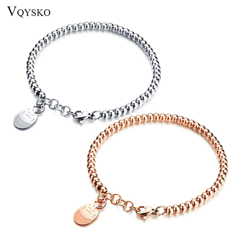 Women's Stainless Steel Bracelets Rose Gold Color Bead Bracelet Jewelry Lucky Cat Bead Bracelet Gift Wholesale ► Photo 1/6