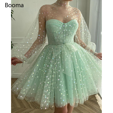 Booma Mint Green Mini Prom Dresses Long Puff Sleeves Printed Hearts Tulle Short Prom Gowns Above Knee Wedding Party Dresses ► Photo 1/6