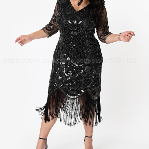 Plus Size 1920s Art Deco Long Fringed Sequin Beads Flapper Roaring 20s Gatsby Party Costume Vintage Dress for Women ► Photo 1/6