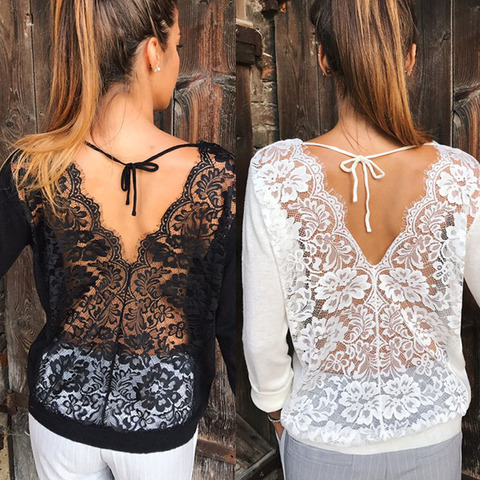 2022 New Sexy Women's Longsleeve Loose Lace Back Casual Shirt Autumn Tops T-Shirt Fashion Women Clothes ► Photo 1/3