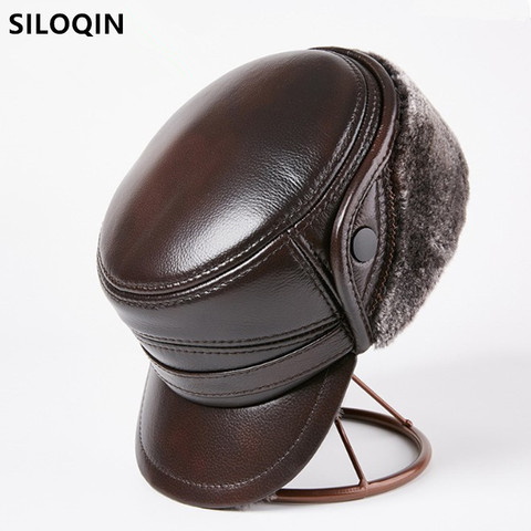 SILOQIN Men's Winter Bomber Hats Natural Genuine Leather Caps For Men Fur Warm Earmuff Hat Anti-cold Brands Cowhide Leather Cap ► Photo 1/6