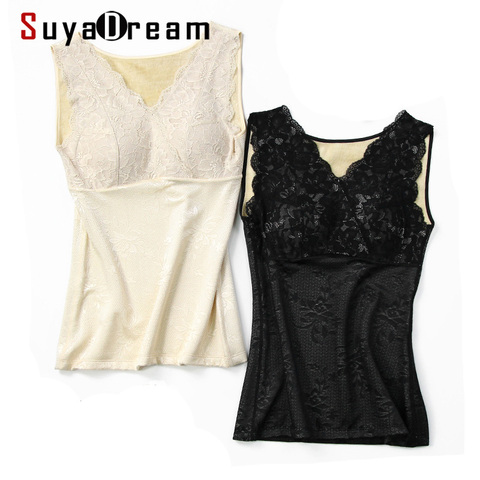 SuyaDream 100%REAL SILK Lining Women Lace Bustiers Slimming Padded Bra Corsets Comfortable Warm Fleece Tanks Nude Black ► Photo 1/6