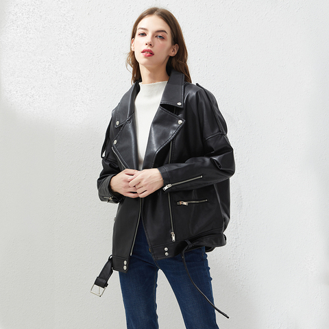Fitaylor PU Faux Leather Jacket Women Loose Sashes Casual Biker Jackets Outwear Female Tops BF Style Black Leather Jacket Coat ► Photo 1/6
