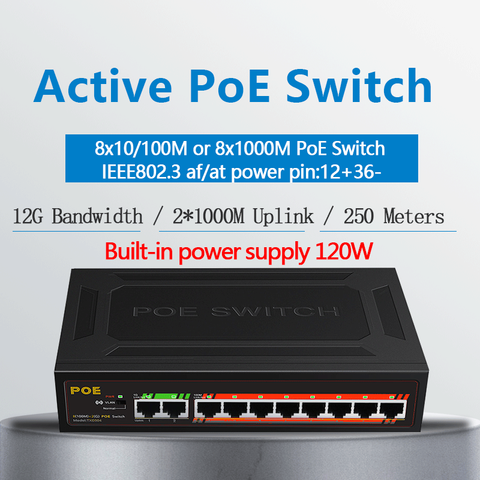8 Port PoE switch 48V active switch IEEE 802.3 af/at ethernet switch 2 Gigabit uplnk  for IP/PoE camera/Wireless AP 250meter ► Photo 1/6
