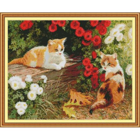 Two kittens in the garden cross stitch kit DMC cotton thread 14CT 11CT Animal pattern embroidery set DIY needlework crafts ► Photo 1/6