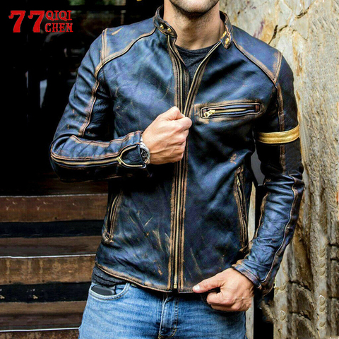 Men's New Stand Collar Fashion Tooling PU Casual Jacket Zipper Slim Coat