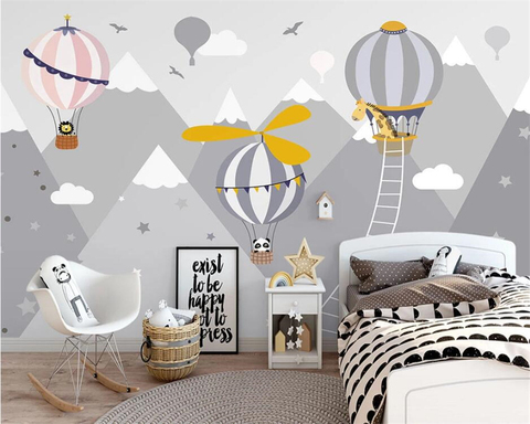 beibehang Customized modern Nordic hand-painted hot air balloon small animal children's room interior background wallpaper ► Photo 1/6