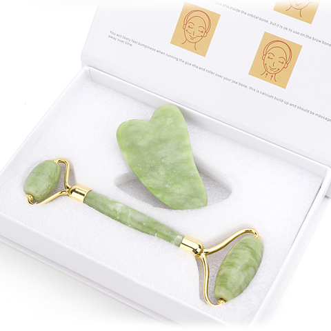 Natural Jade Roller Thin Face Massager Lifting Tools Slim Facial Gua Sha Green Stone Anti-aging Wrinkle Skin Beauty Care Set Box ► Photo 1/6