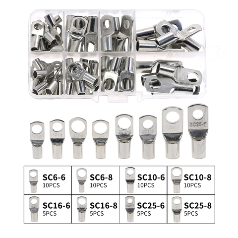 60pcs Bolt Hole Tinned Copper Cable lugs Battery Terminals set Wire terminals connector SC10-6 SC16-8 SC25-8 ► Photo 1/6