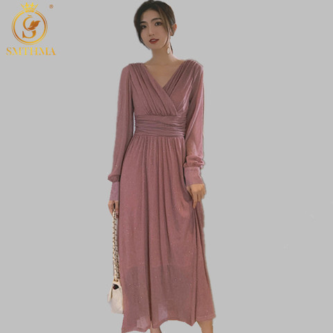 SMTHMA 2022 New Fashion Vintage Long sleeve Maxi Dress Spring  High Waist Elegant Boho Dress Women Shiny Long Dresses Vestidos ► Photo 1/5