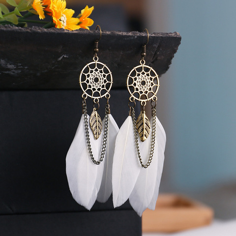 2022 Vintage Bohemian Tassel Dangle Drop Earrings Dream Catcher Feather Circle Long Chain Women Exaggerated Earring Jewerlry ► Photo 1/6