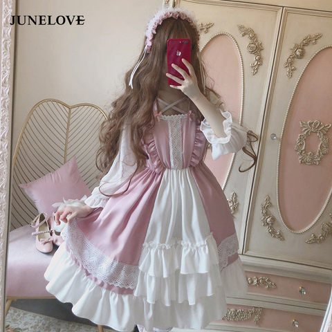 Alice In Wondeland Cute Women's Lolita OP Dress Flouncing Lace Trim Japanese Harajuku Long Sleeves Doll Dress Fairy Vestidos ► Photo 1/6