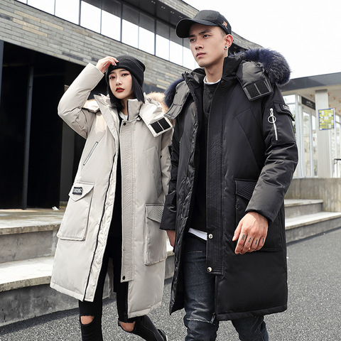 -30 Degree Couple Winter White Duck Down Jacket Long Keep Warm Thicken Coat Men Fashion Hooded Fur Collar Windbreaker Down Parka ► Photo 1/5