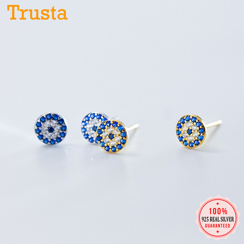 Trusta 100% Genuine 925 Sterling Silver 6mmX6mm Blue Eyes Clear Cubic Zircon Crystal Stud Earring For Women Silver Jewelry DS969 ► Photo 1/6