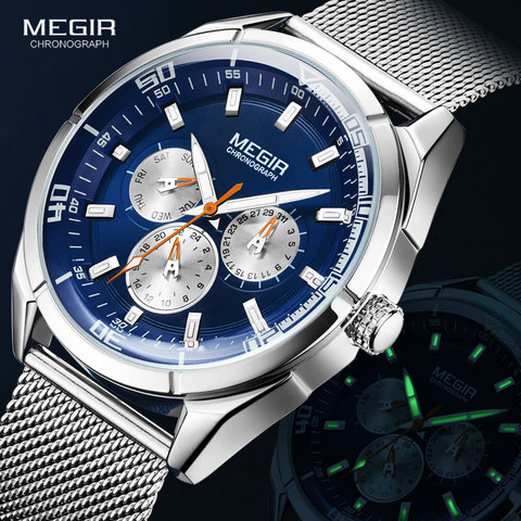 MEGIR Men Watches 2022 Luxury Tp Brand Leather Quartz Watch Fashion Wrist Watches for Men Mesh Band Waterproof Watch Date Week ► Photo 1/6