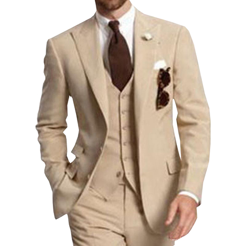 Beige Three Piece Business Party Best Men Suits Peaked Lapel Two Button Custom Made Wedding Groom Tuxedos 2022 Jacket Pants Vest ► Photo 1/6