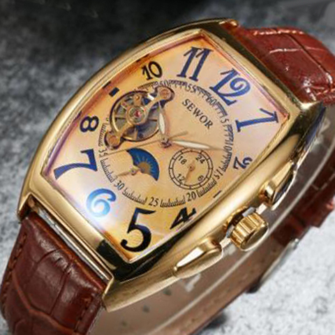 SEWOR Luxury Gold Tourbillon Watches Mon Phase Small Seconds Leather Strap Automatic Mechanical Wristwatches Relogio Masculino ► Photo 1/6