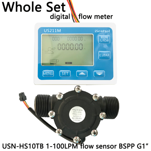 US211M Digital Flow Sensor Meter & USN-HS10TB PA66 Nylon and Fibre Glass Hall Flow Sensor Measurement 1-100L/minBSPP G1