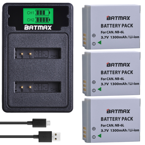 Batmax NB-6L NB 6L NB-6LH Battery+LCD USB Dual Charger with Type C Port For Canon SX520 HS SX530 SX600 SX610 SX700 SX710 IXUS 85 ► Photo 1/6