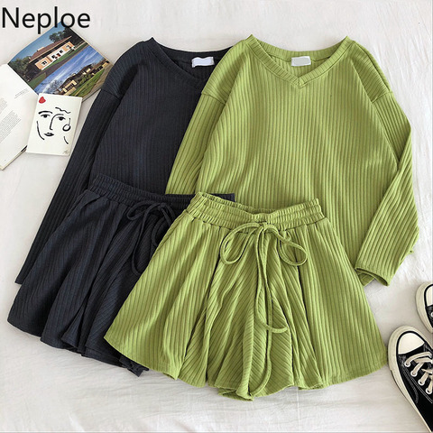 Neploe Casual Fashion 2 Pcs Women Set V Neck Long Sleeve Loose Knit Top + High Waist Hip Elastic Wide Leg Shorts Wild Suit 48994 ► Photo 1/6