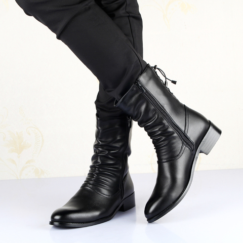 Winter Pointed Toe Mens Mid-calf Boots Increased To Leather Men's Boots Long Tube Mens Winter Boots ► Photo 1/6