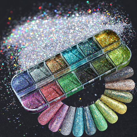 12 Grids Laser Nail Glitter Holographic Powder Sequins Charms Flake Paillette Sparkly Pigment Dust Nail Art Decorations TR1562 ► Photo 1/6