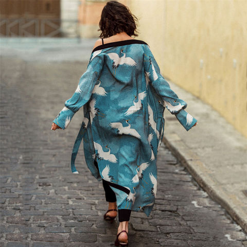 Boho Printed Summer Women Beachwear Kimono Bikini Cover-ups Beach Dress Blue Cotton Tunic Swim Wear Cover Up Robe de plage Q1029 ► Photo 1/6