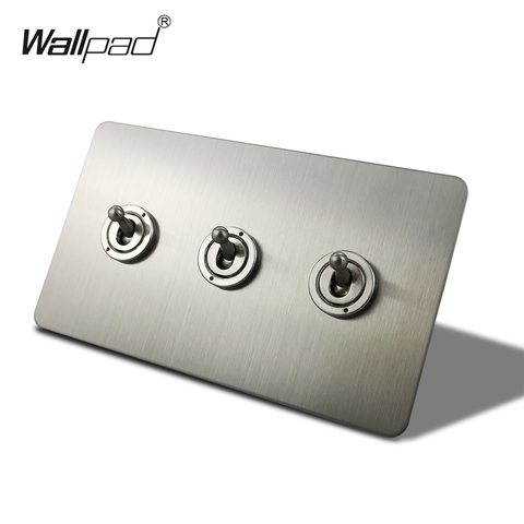 Wallpad Silver 3 Gang Toggle Switch Electric Light Switch Satin Chrome Brushed Stainless Steel Double Panel ► Photo 1/6