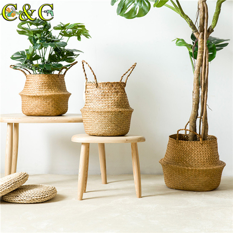 Folding Flower Pot Plant Straw Storage Seagrass Baskets Flower Vase Handmade Hanging Basket Flower Home Decor ► Photo 1/6