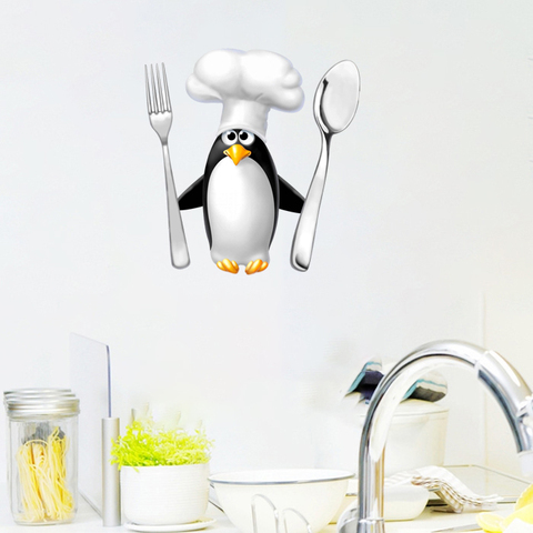 Three Ratels QC157 Funny Penguin Chef cartoon wall sticker for Kitchen refrigerator cooking area Restaurant wall stickers ► Photo 1/6