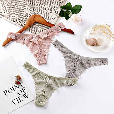 3Pcs/Lot Sexy Lace Thong Low Waist Lace Transparent Panties Women Hollow out Breathable G String Briefs Bow Underwear Lingerie ► Photo 1/6