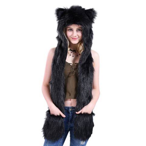 3 In 1 Women Men Fluffy Plush Animal Wolf Leopard Hood Scarf Hat with Paws Mittens Gloves Thicken Winter Warm Earflap Bomber Cap ► Photo 1/6