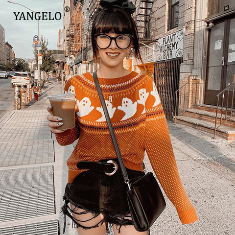 Yangelo Gothic Ghost Pattern Sweater Women Knit Top Loose Long Sleeves Warm Autumn Winter Streetwear Fashion Girl Pullover 2022 ► Photo 1/6