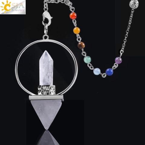 CSJA Reiki Healing 7 Chakra Pendulums for Dowsing Natural Stone Hexagonal Prism Pyramid White Pink Crystal Obsidian Pendulo F057 ► Photo 1/6