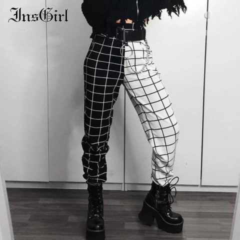 InsGirl Harajuku Street Pants Women Black White Plaid Patchwork Elastic High Waist Cargo Pants Punk Y2k Fashion Grunge Trousers ► Photo 1/6