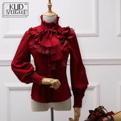 Vintage LOLITA Wine Red Black Blue White Long Sleeve Chiffon Shirt Women Stand Collar Elegant Blusas Female Gothic Blouse 8446 ► Photo 1/6