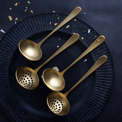 Gold Metal Soup Ladle Colander Set Kitchen Cookware Long Handle Soup Spoon Dinner Kitchenware Serving Spoon Utensil Tools ► Photo 1/6