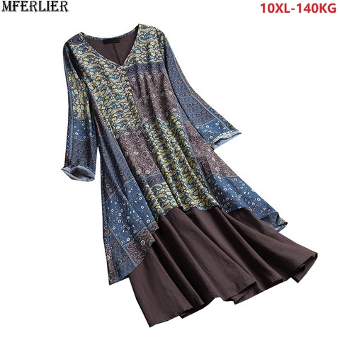 Plus Size 10XL 138-144cm autumn women patchwork Maxi dress long sleeve floral dress vintage dress Female navy blue loose dress ► Photo 1/6