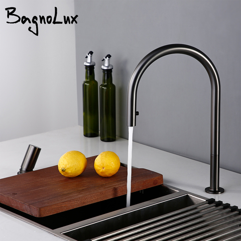 Brushed Gunmetal Black Single Handle Double Hole Hot And Cold Sprayer Pull-Down Brass Countertop Mounted Kitchen Sink Faucet ► Photo 1/6